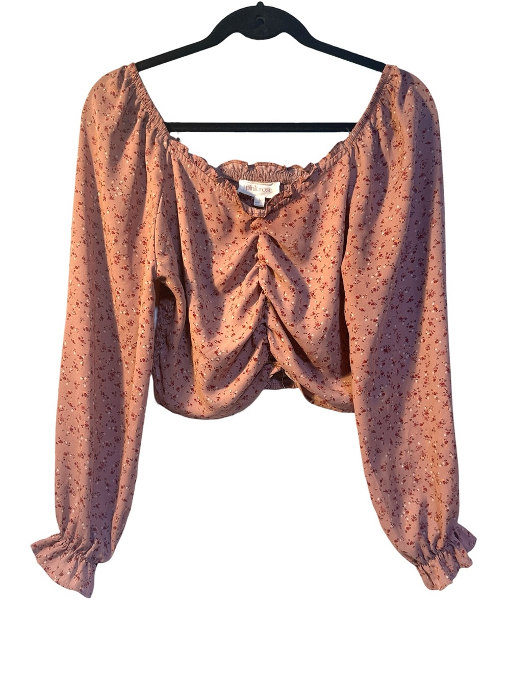 Pink Rose Mauve Pink Floral Ruched Long-Sleeve Crop Top